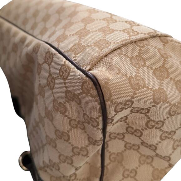 GUCCI Positano Tote Handbag Beige GG Logo Canvas Brown Leather Trim Authentic - Picture 11 of 14